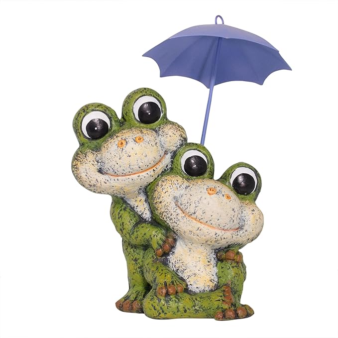 Alpine Corporation QWR1008HH Frog Duo with Purple Umbrella Statue, Playful Statuary Decor for Garden, Patio, & Lawn, 11" H
