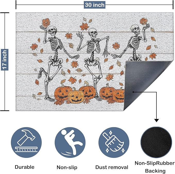 Gothic Halloween Skull Door Mat, Fall Maple Leaf Halloween Pumpkin Doormat Non-Slip for Front Door Porch Indoor Outside Entrance Entryway, Funny Spooky Gothic Welcome Mat, 17x30 Inch