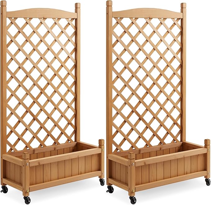 Casafield Set of Two 48" Raised Garden Bed with Trellis - Wooden Diamond Lattice for Climbing Plants and Planter Box with Drainage Holes and Wheels