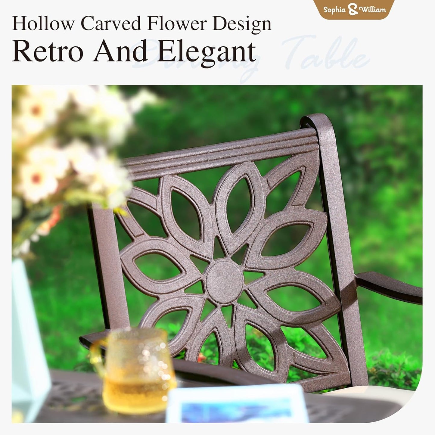 Sophia & William 7 Pieces Cast Aluminium Patio Dining Furniture Set for 6, Outdoor Swivel Rocking Chairs and Round Table with 2.2" Umbrella Hole for Porch Backyard Deck, Bronze