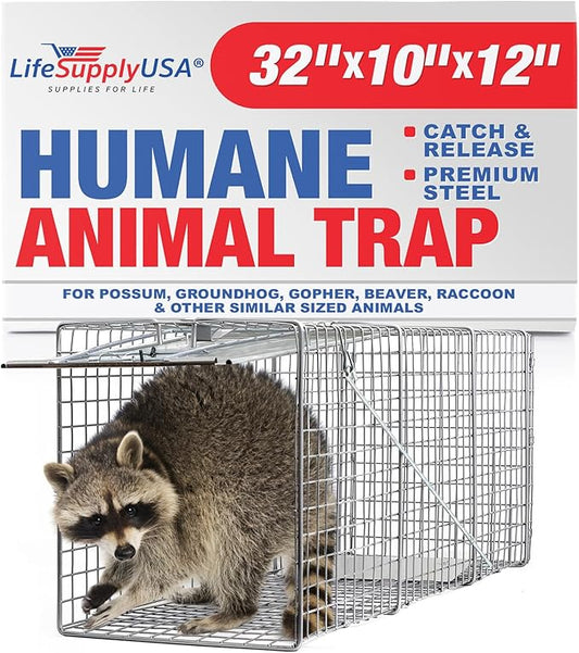Heavy Duty Catch Release Large Live Humane Animal Cage Trap for Opposums Beavers Groundhogs Gophers and Other Similar Sized Animals 32x10x12