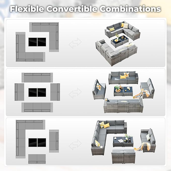 ovios 12 Pieces Patio Furniture Set, Outdoor Wicker Sectional Sofa with Glass Table Comfy Cushions, Modern Modular Deep Seat Couch Rattan Conversation Set, Dark Grey