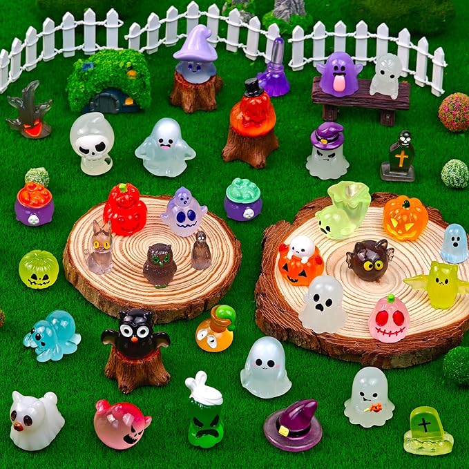 38 Pcs Halloween Luminous Mini Resin Figures Glow in The Dark Tiny Little Pumpkin Ghost Skull Miniature Figurines Bulk for Halloween Party Micro Landscape Fairy Garden Decor