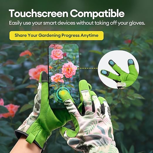 Gardening Gloves for Women, Breathable Leather Work Gloves, Thorn-Proof Gardening Gifts, Touchscreen Compatible, Protective Work for Digging, Planting, Pruning, Large Size, Green