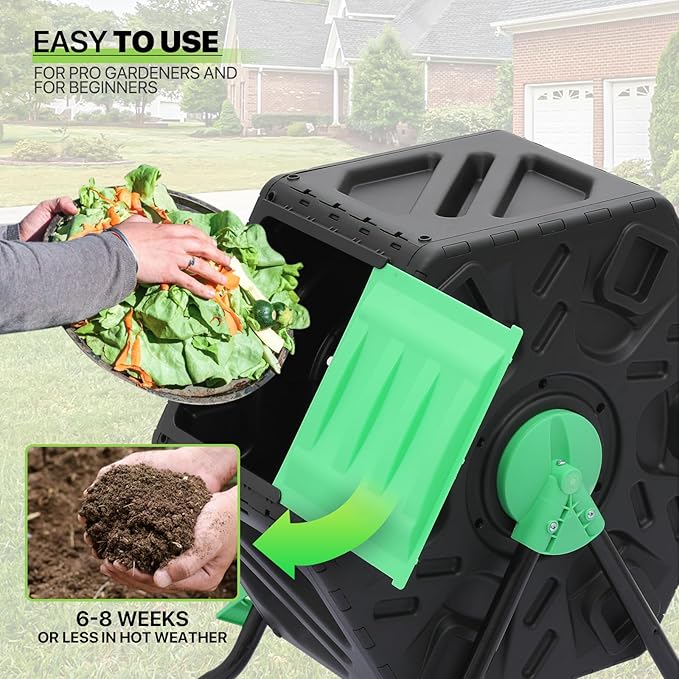 Magshion 1 x 17 Gal Outside Chamber Compost Tumbler from BPA Free Material, Outdoor All-Season Fast-Working High Volume Composter Tumbling Bin, Sliding Door