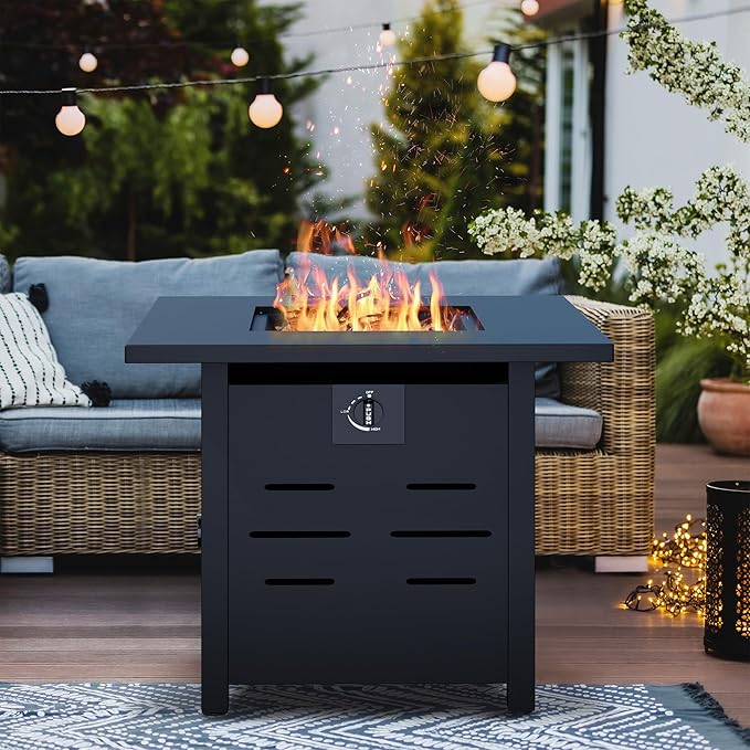 Vongrasig 28 Inch Gas Fire Pit, 50,000 BTU Propane Fire Pits for Outside, Steel Square Fire Table with Lid and Lava Rock, Patio Deck Garden Backyard
