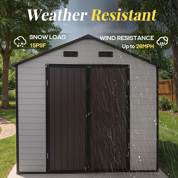 8x8 FT Resin Storage Sheds Outdoor with Floor Included, Plastic Sheds & Outdoor Storage Clearance with 2 Windows and Lockable Door, Backyard Storage Sheds for Garden Tools, Bike, Brown+White