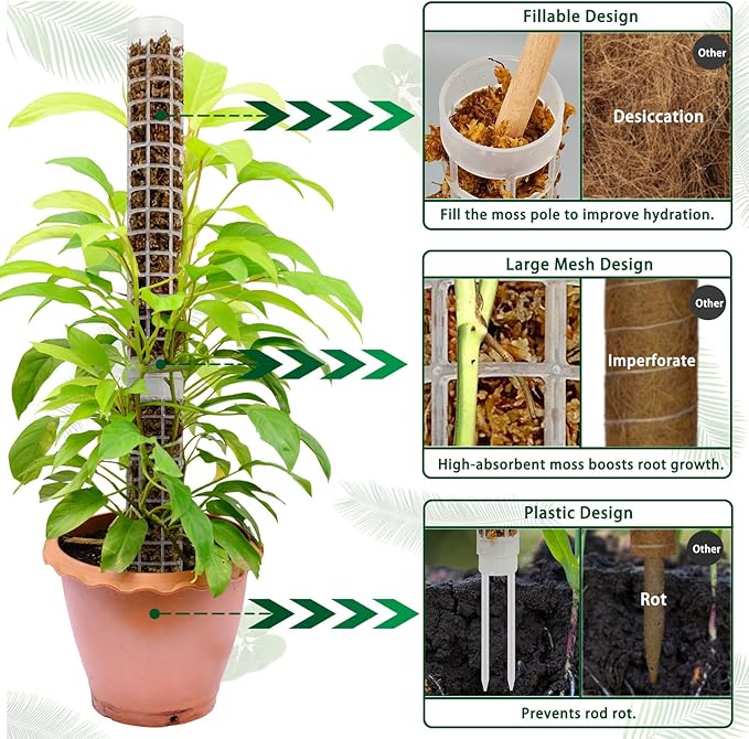 Moss Pole,Small Moss Pole Monstera Plant Support,Plastic Moss Pole for Plants Indoor and Climbing Plants-Mighty Plant Support.(White,2)