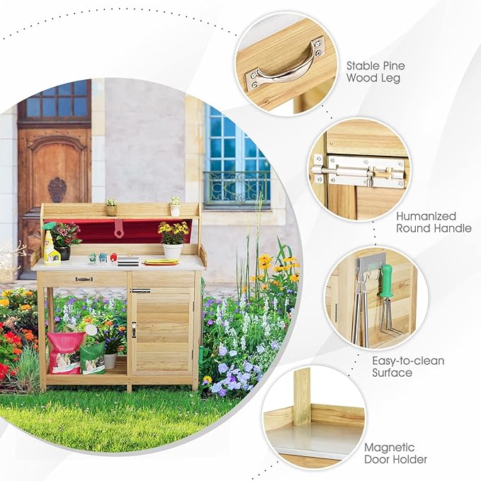 S AFSTAR Outdoor Potting Bench Table, Wooden Garden Work Station with Drawer, Storage Cabinet, Open Shelf, Side Hooks, Metal Tabletop Gardening Workbench, Potting Benches for Outside Backyard Balcony