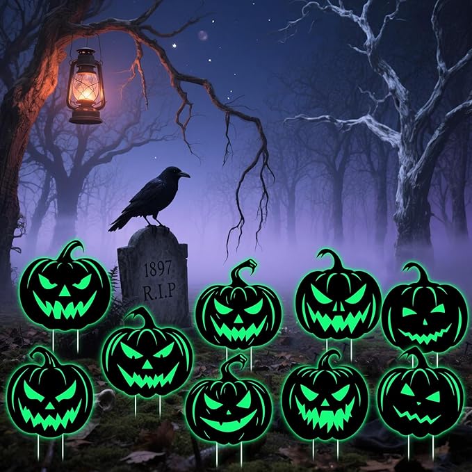 9 Pack Halloween Pumpkin Yard Sign with Stakes Glow in Dark Decorations Outdoor Silhouette Pumpkin Yard Signs Waterproof Outside Patio Lawn Decor for Home Halloween Party