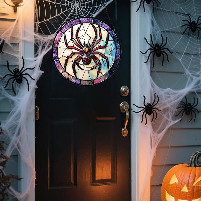 Stained Glass Window Hanging - Halloween Decorations Red Spider Goth Suncatcher for Doors Garden Indoor Funny Spooky Sun Catchers Gothic Decor Horror Gifts for Women Men Friend 6.3 in