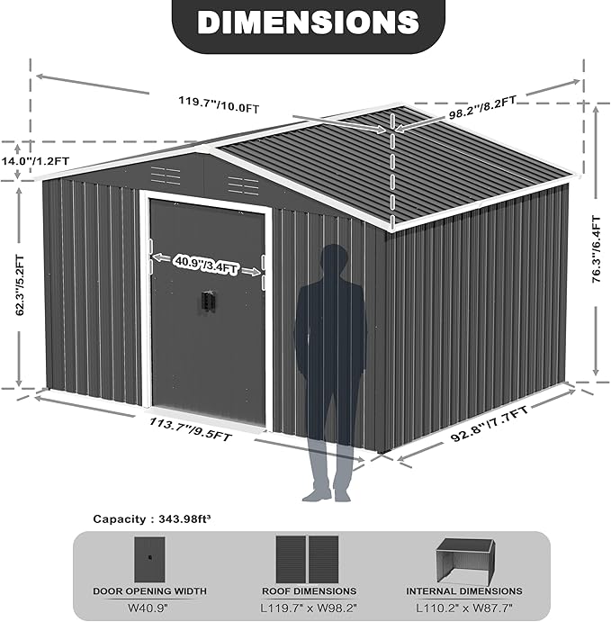 Nuu Garden 8 x 10 FT Outdoor Storage Shed with Sliding Doors, Galvanized Sheet Tool Shed with Sloping Roof, Anti-Corrosion Garden Shed with Air Vents for Backyard Patio Lawn, Black
