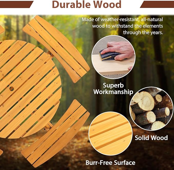 8-Person Round Wooden Picnic Table with Seat, Outdoor Camping Dining Table with 4 Built-in Benches, Natural