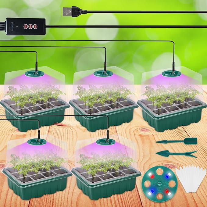 Seed Starter Tray Kit with Grow Light(2025 Upgrade 8 Full-Spectrum LED, Timer, Dimming, Higher Humidity Dome) 5 Pack Seedling Sprouting Trays Indoor Gardening Gifts Supplies Greenhouse Germination Kit
