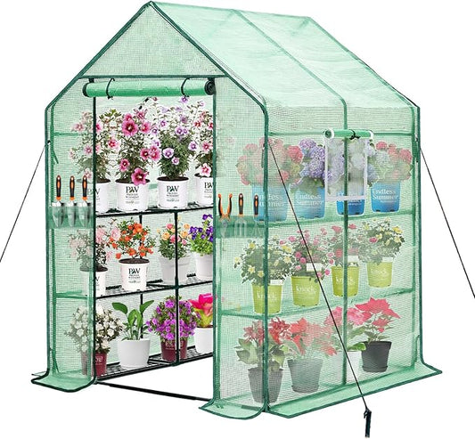 Walk-in Greenhouse w/ Roll-Up Zipper Door & Screen Windows-3 Tiers 12 Shelves 56x56x76“ PE Greenhouse for Outdoor Gardening Plants Cold Frost Protection Wind Rain Proof(PLGHW002G-N)