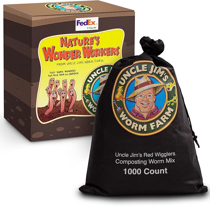Uncle Jim's Worm Farm 1000 Count Red Wiggler Composting Worms Mix for Garden Soil or Fishing | Pack of Compost Worms Improves Soil Structure and Quality for Healthier Gardens