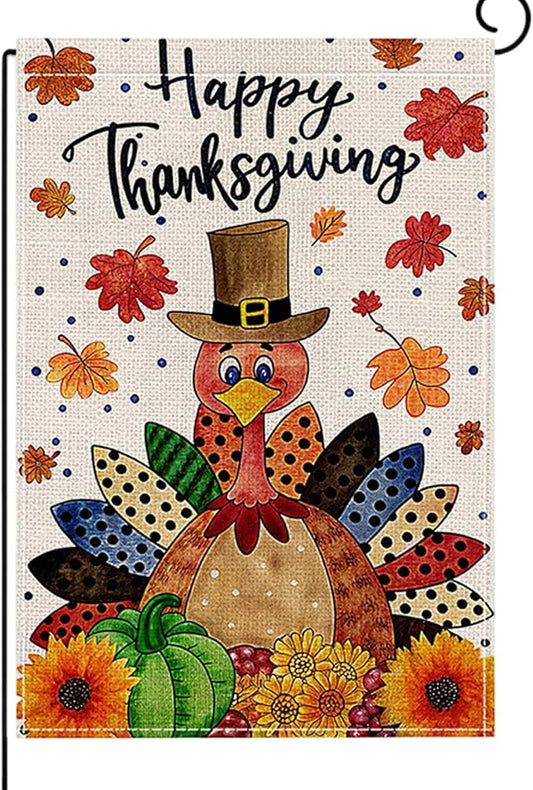 Fall Garden Flag 12 x 18 Inch Double Thanksgiving Sided Cute Turkey Maple Leaves Sunflower Designs Autumn Burlap Yard Flag for Outside Rustic Yard Outdoor Holiday Home Decoration