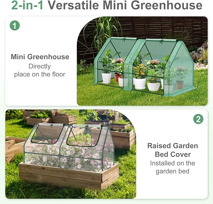 Aoodor 6 x 3 x 3 ft Mini Greenhouse with 2 Zipper Doors, Water-Resistant, UV-Protected for Flowers, Vegetables, and Herbs, Includes 2 Covers