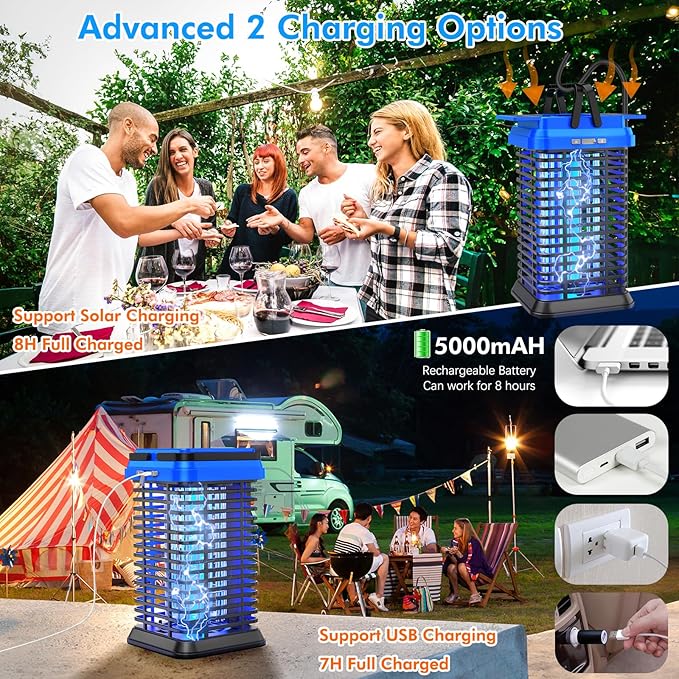Rechargeable Solar Bug Zapper Outdoor & Indoor Blue, 5000mAh Mosquito Zapper Fruit Fly Trap, Gnat Moths Catcher, 4200V Grid, USB Charging, Fit for Home, Kitchen, Backyard, Camping, Patio