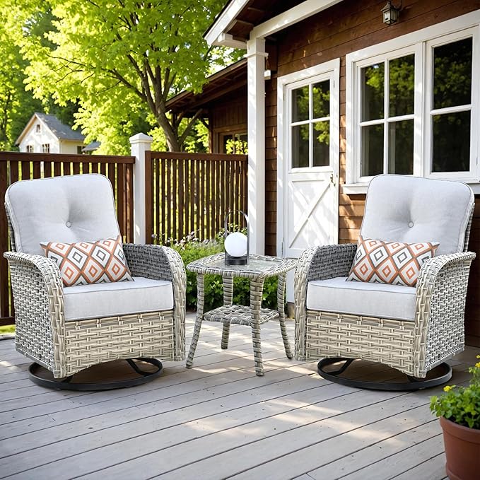 HOOOWOOO Outdoor Patio Bistro Set,3 Pieces Wicker Out Door Swivel Rocking Chair with Matching Side Table,Patio Furniture Sets,Light Gray