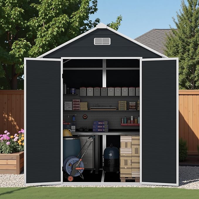 6x6 FT Plastic Outdoor Storage Shed, Resin Plastic Tool Shed with Lockable Doors & Peaked Roof, Garden Shed with Side Window & Floor, for Backyard Garden Patio Lawn, Dark Gray