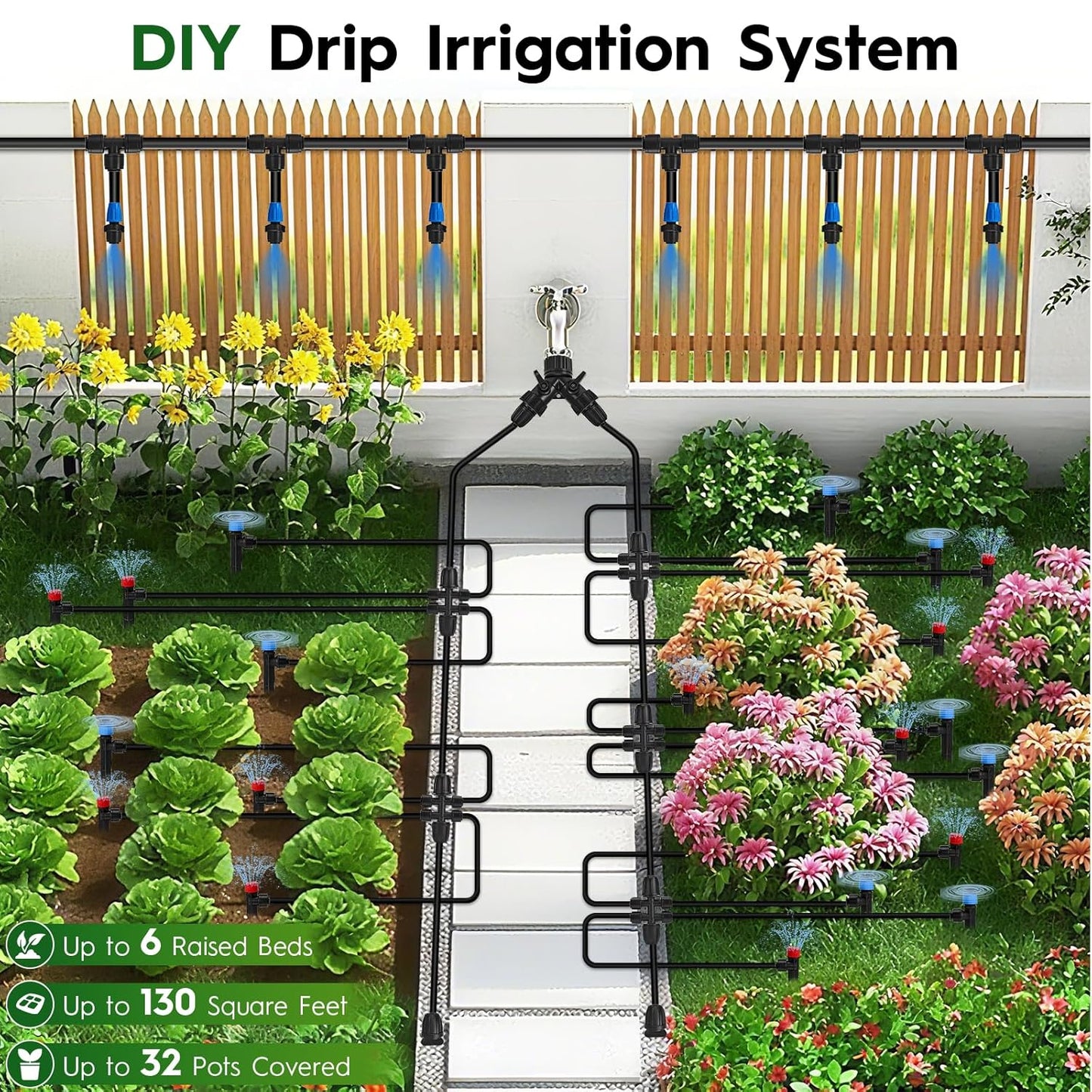 200 FT Quick-Connect Drip Irrigation System Kit, Automatic Garden Watering Misting System for Greenhouse, Lawn, Flower Bed with Irrigation Tubing, Hose Splitter 2 Way, Adjustable Drip Emitters