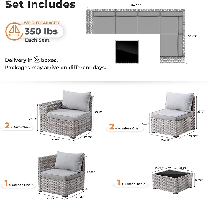 ovios 6 Pieces Patio Furniture Set, Outdoor Wicker Sectional Sofa with Glass Table Comfy Cushions, Modern Modular Deep Seat Couch Rattan Conversation Set, Dark Grey