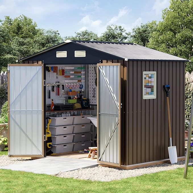 6x8FT Outdoor Metal Storage Shed, Double Door, 1 Clear Window, Tool Shed for Garden, Patio, Backyard Brown