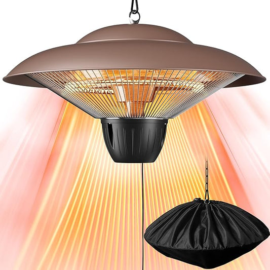 Patio Heater for Outdoor Use 1500W Electric Infrared Hanging Heater, Ceiling Mounted, Waterproof for Porch, Garage, Balcony, Overheat Protection Brown