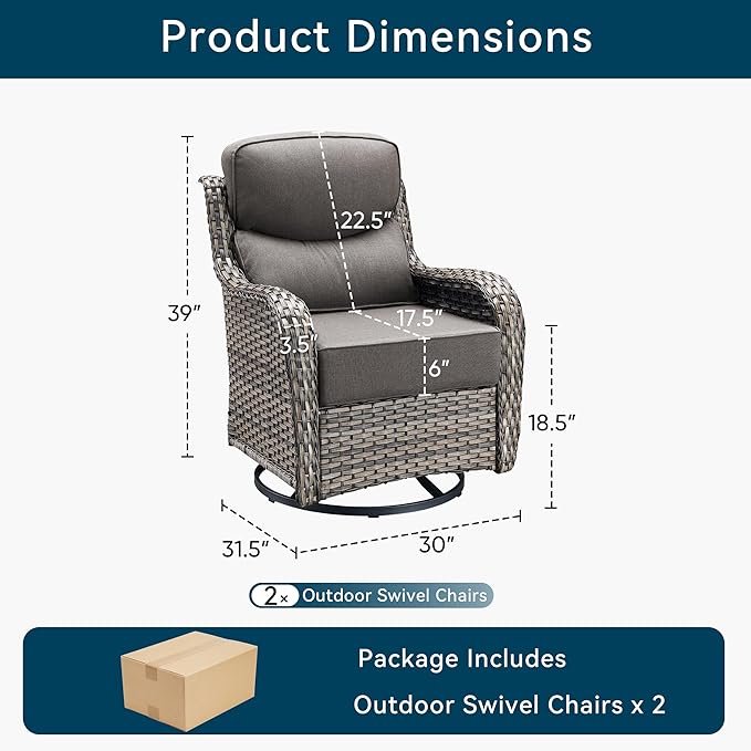 Luxury High Back Outdoor Swivel Rocker Patio Chairs with Side Table & 6-Inch Thick Cushions, 2 Pieces Patio Furniture Set for Porch, Balcony, Deck and Yard