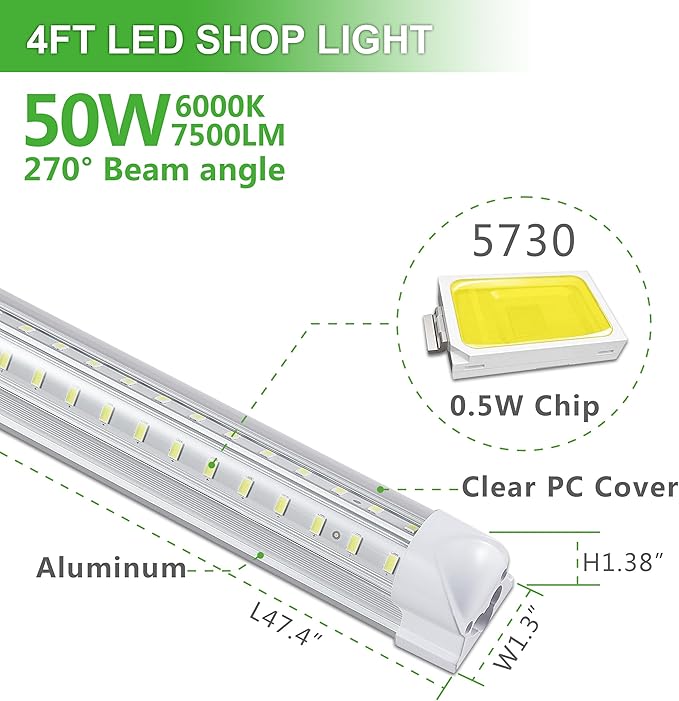 4Pack 4FT LED Shop Light Garage Lights,50W 6000K 7500LM White Light,Hanging/Surface Mount,Plug and Play,Linkable T8 LED Shop Lights,Commercial Bay Lighting for Warehouse Workshop Basement