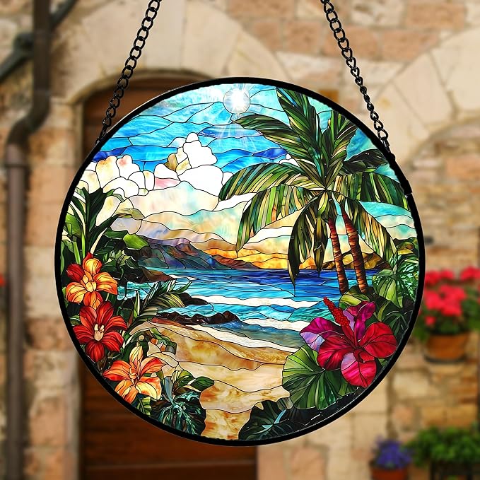 Stained Glass Window Hanging, Blue Beach Scenery Suncatcher Diamond Glass Panel Hangings Sun Catchers Decor for Birthday for Women, Men, Wife, Aunt, and Mom 9.8 in