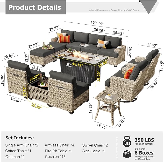 HOOOWOOO Outdoor Sectional Patio Furniture Set with Fire Pit Table,13 Pieces Wicker Conversation Sets L Shaped Couch,Extra Deep Out Door Sofa Outside Furniture with Swivel Chairs Ottomans,Black