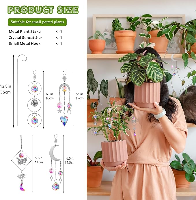 HDCRYSTALGIFTS 4 Pack Crystal Sun Catchers with Small Trellis for Potted Plants Indoor Plant Stake Suncatcher Decoration for Home Window Garden, Sliver