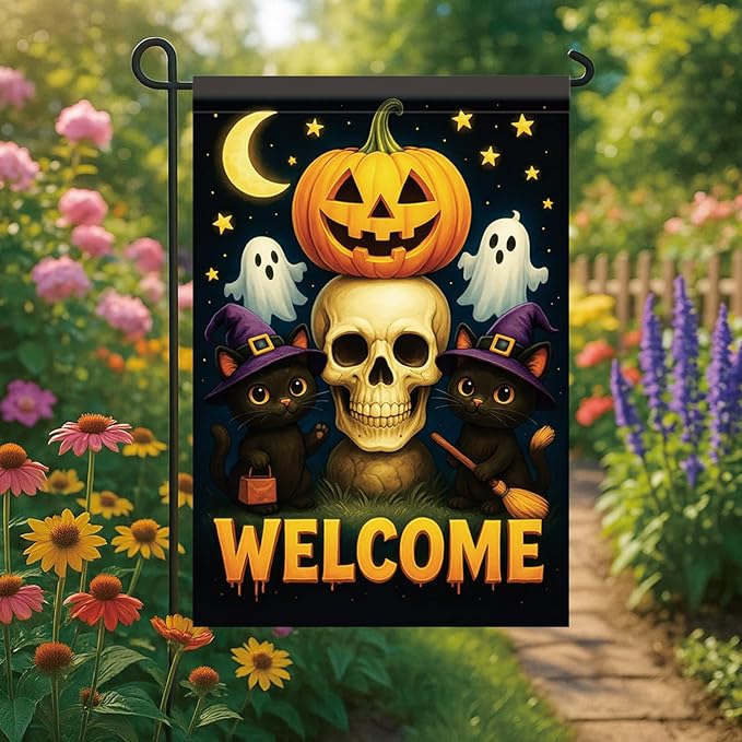 Halloween Garden Flag Pumpkin Skull Witch Hat Ghost Flag 12x18 Inch Double Sided Outdoor Yard Banner for Trick or Treat Haunted House Spooky Halloween Decoration Decor