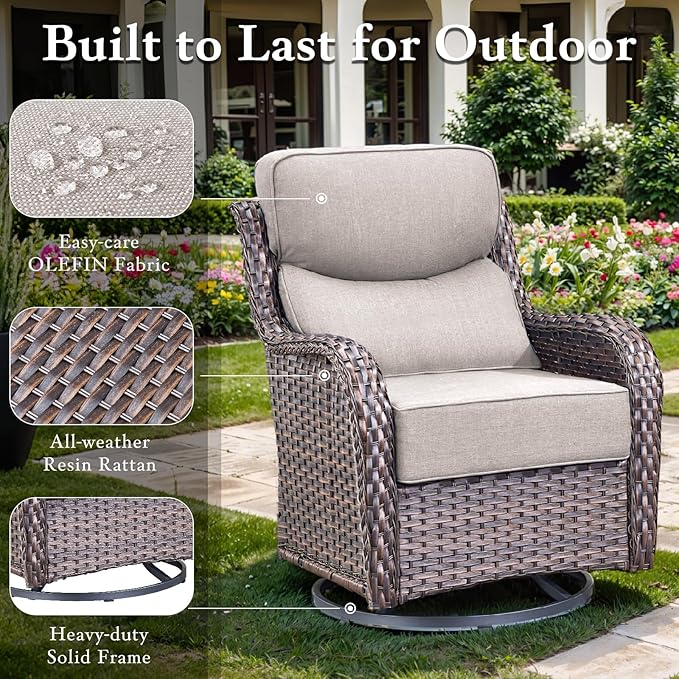 Luxury Outdoor Swivel Rocker Patio Chairs Set of 2, High Back Swivel Patio Chairs with 6-Inch Thick Cushions, Wicker Outdoor Chair for Porch, Patio, Yard, Deck, Poolside, Brown/Beige
