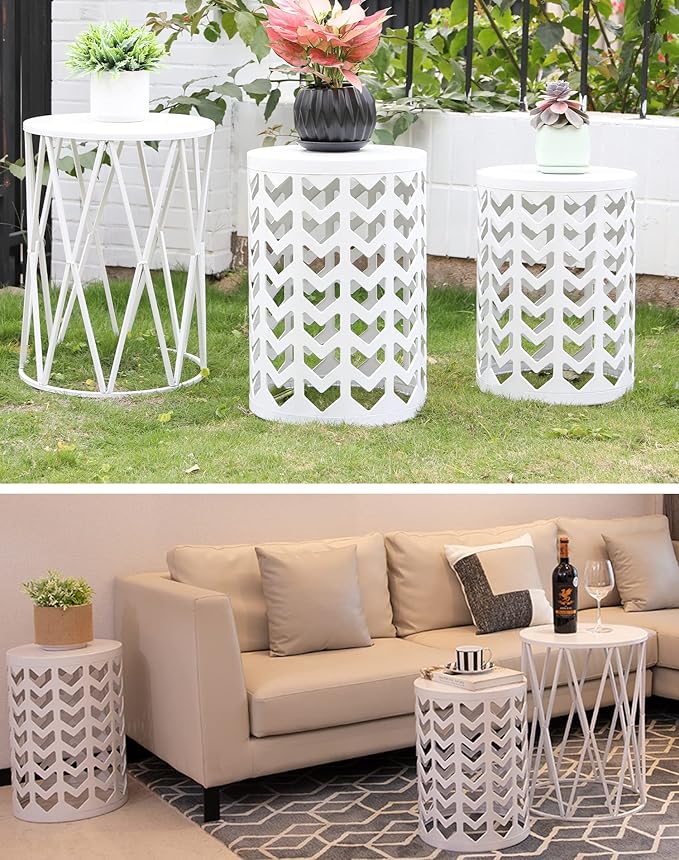 Y&M Set of 3 Metal Round Coffee Table, Side Table End Table for Indoor Outdoor Multifunctional Use, Heavy Duty Metal Plant Stand Garden Stool- White