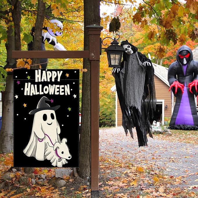 Happy Halloween Garden Flag Ghost Dog Yard Flag 12x18 Inch Double Sided Small Mini Yard Outdoor Outside Holiday Party Decoration