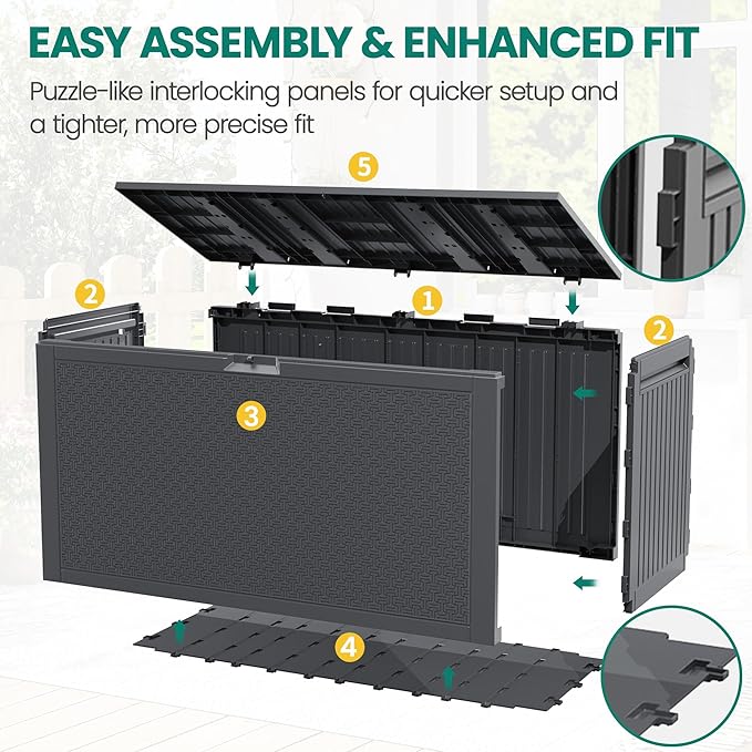 90 Gallon Outdoor Deck Box, Waterproof Outdoor Deck Box, Durable Resin Bin for Patio Cushions, Garden Tools and Pool Accessories, Lockable with UV Protection, Dark Gray, Patio Furniture (90 Gal Gray)