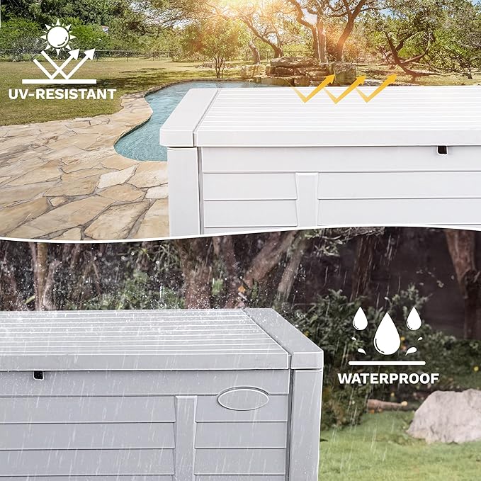 DWVO Large Deck Box 120 Gallon Waterproof Outdoor Storage Box, Extra Large Outdoor Bin, Resin Louvered Patio Storage for Indoor Pillows, Garden Tools & Pool Supplies, Lockable, White