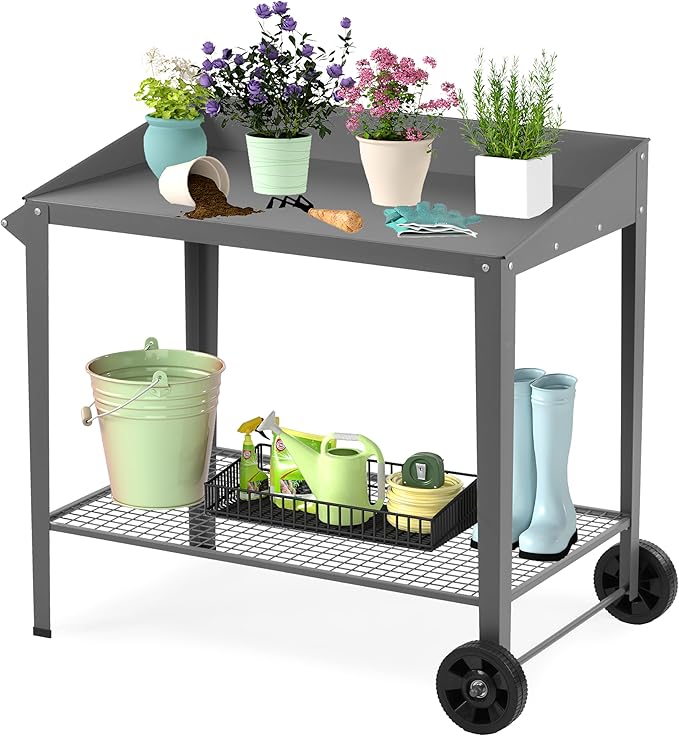 Outdoor Metal Potting Bench with Wheels, Heavy Duty Garden Workbench Table with Storage Shelf (Dark Gray, 36"x38.8")