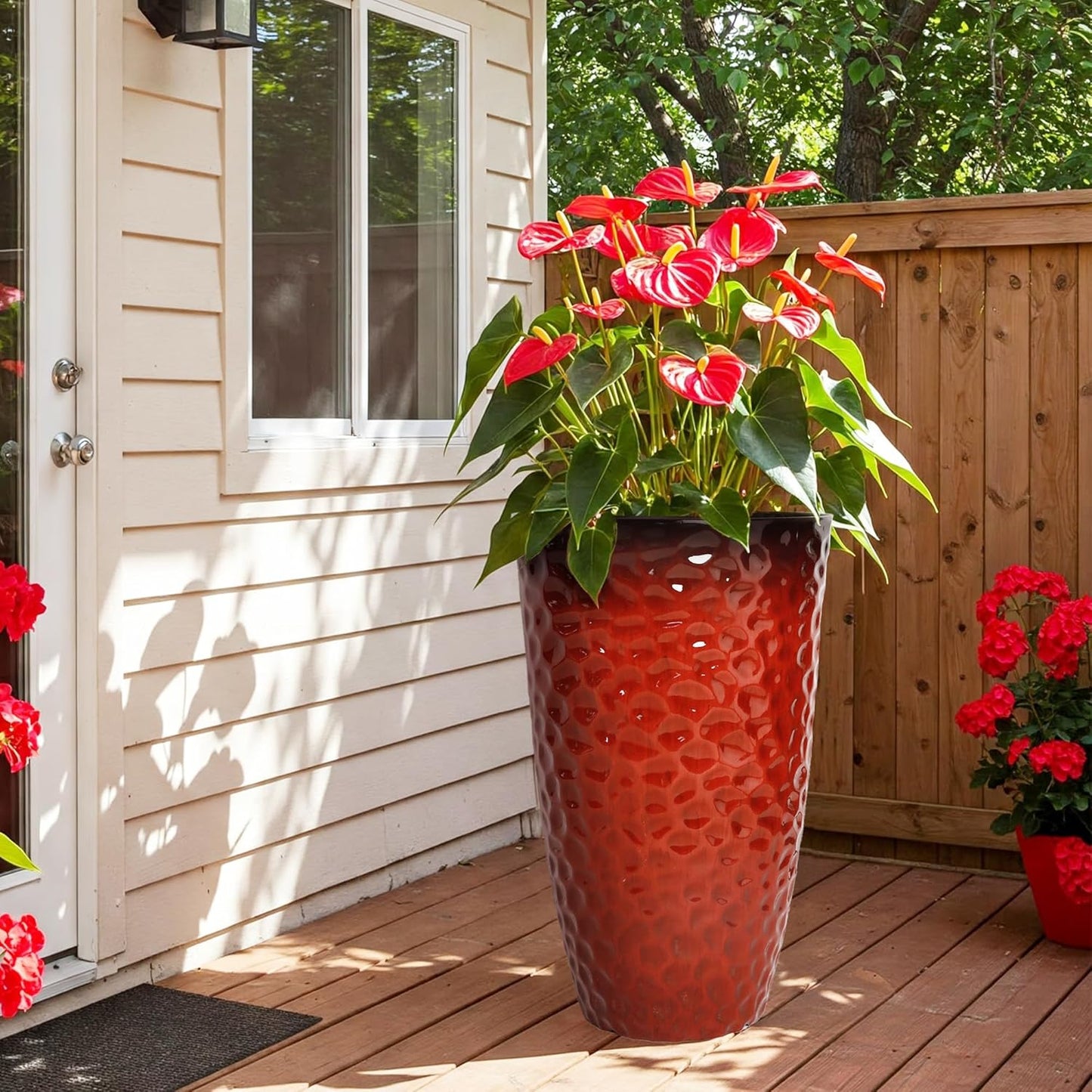 Worth Garden 14" Dia x 24" H Large Plastic Planters with Drainage Hole, Set of 2 Hammered Texture Red Glossy Smooth Finish, Tall Taper Round Decorative Flower Plant Pot for Indoor Outdoor, Front Porch
