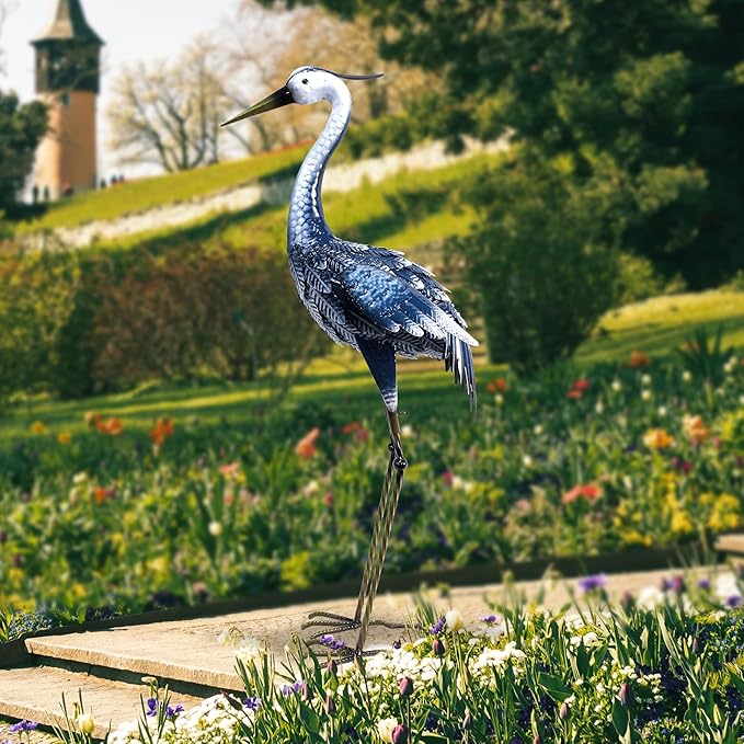 33 Inch Crane Statue for Garden Decorations, Metal Heron Yard Art, Outdoor Decor for Patio, Pond, and Backyard, Blue