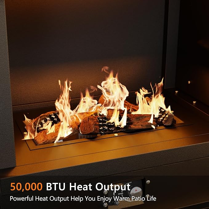 63.0''x37.6'' Outdoor Propane Fireplace, 50,000 BTU Vent-Free Gas Heater, CSA Certified Grey & Black Weather-Resistant Steel, Realistic Ceramic Logs, Rain Cover Included