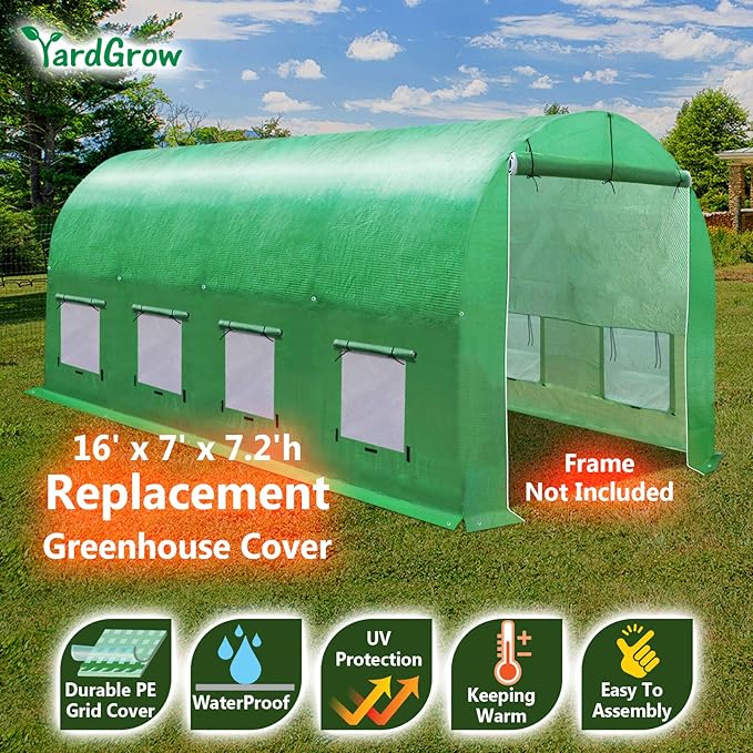YardGrow Greenhouse Replacement Cover Larger Walk in Outdoor Plant Gardening Greenhouse (Frame Does NOT Included) (Green, 16'x7'x7')