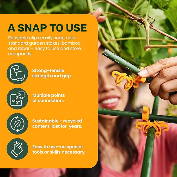 Plant Support Clips for Trellis, Garden Stakes, Wire Fence, Climbing Plants, Indoor Gardening, Hydroponics Systems, and Vines | Durable Gardening Clips (Tangerine Orange - 100 Pack)