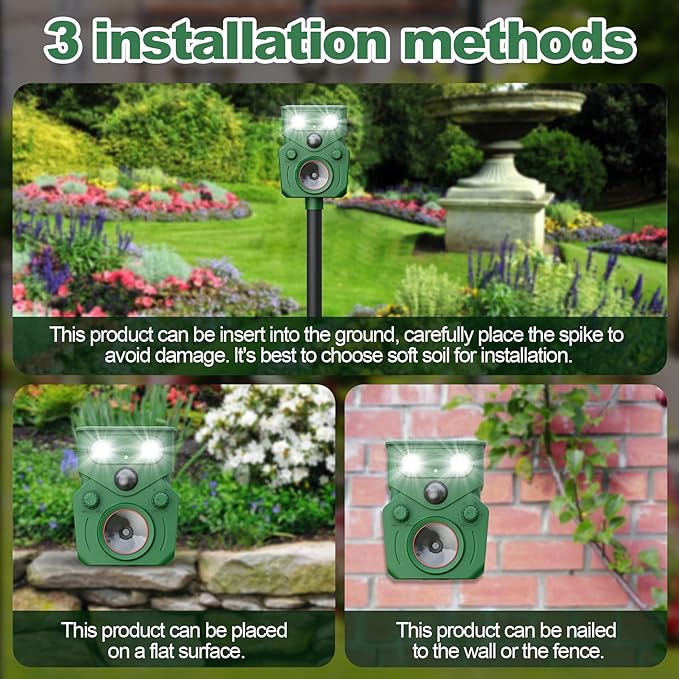 Ultrasonic Animal Repeller 2 Pack Solar Powered Squirrel Repeller Motion Sensor Deer Deterrent Rabbit Cat Dog Control Device with 5 Modes and Flashing Lights Outdoor Yard Lawn Orchard Garden