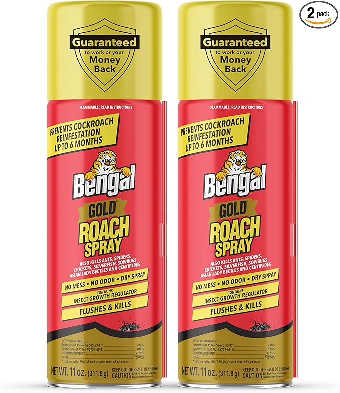 Bengal Gold Roach Spray - Odorless, Stain-Free Bug Spray for Home - Prevents Reinfestation for Up to 6 Months - 11 oz, 2 Pack
