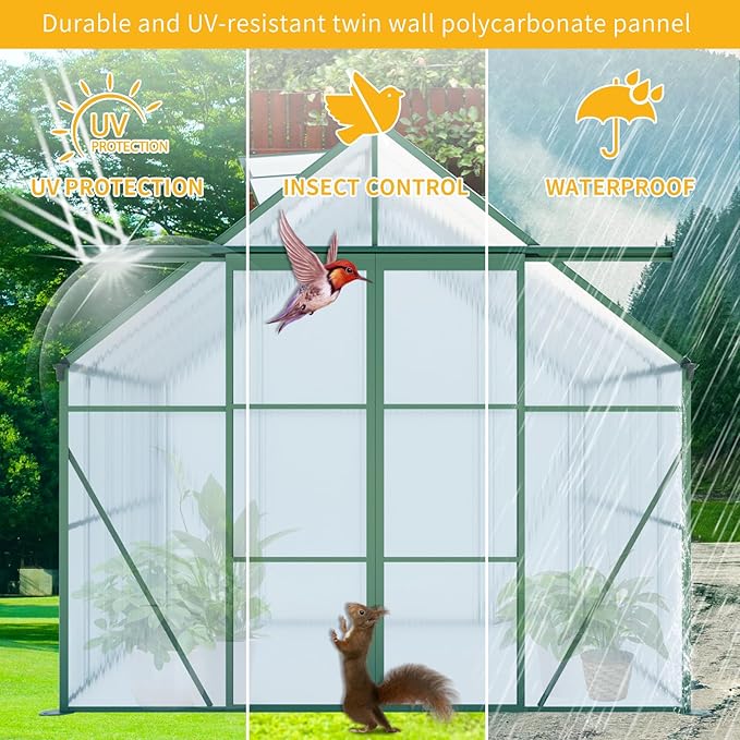 KEIKI 8x8 FT Double Door Polycarbonate Greenhouse with Aluminum Frame,Raised Base and Roof Vent,Walk-in Greenhouses for Patio Garden Backyard