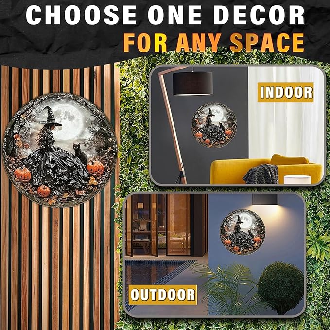 PEACHGARDEN Round Happy Halloween Black Cat Vintage Sign Halloween Witch Metal Tin Sign for Home Bar Kitchen Hotel Dining Room Coffee 8x8inch